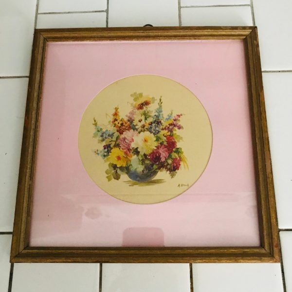 Vintage wall decor Still Life Floral M. Black 1940's pastels small prints framed with pink mat farmhouse collectible dainty flowers