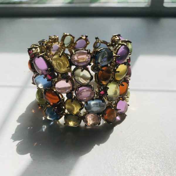 Vintage wide bangle bracelet multi colored stones with rhinestones gold tone metal double safety clasp