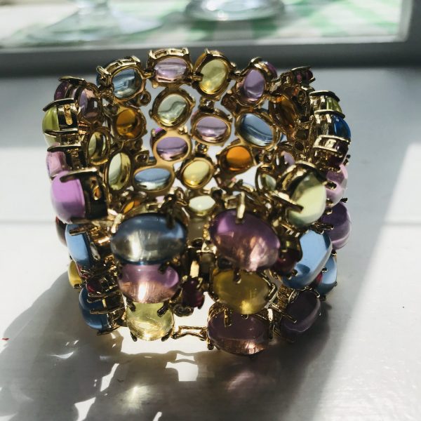 Vintage wide bangle bracelet multi colored stones with rhinestones gold tone metal double safety clasp