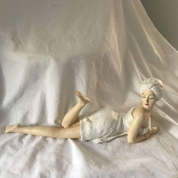 Vintage Woman Vanity Figurine Laying down with towel on head and wrapped in a towel display collectible dresser vanity bathing beauty