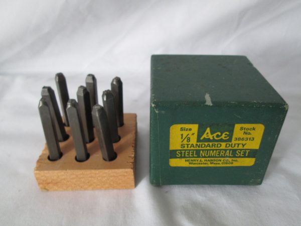 Vintage Wood Stamp Steel Standard Duty Ace 1/8" numeral set Worceaster, Mass in wood block & original box