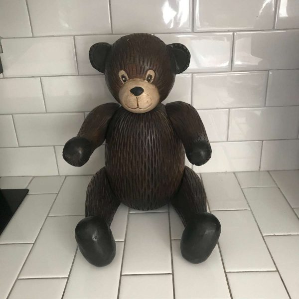Vintage Wooden Carved Jointed Teddy Bear 18" long posable farmhouse collectible display child's room Nursery