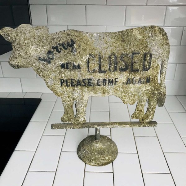 Weathered Rustic Metal cow Sign Stand Welcome we're Open come on in & Sorry we're closed please come again Farmhouse Lodge Kitchen Double