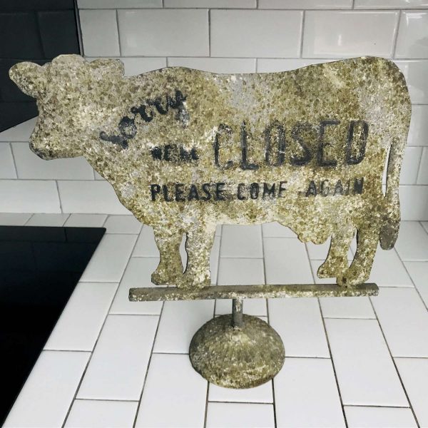 Weathered Rustic Metal cow Sign Stand Welcome we're Open come on in & Sorry we're closed please come again Farmhouse Lodge Kitchen Double