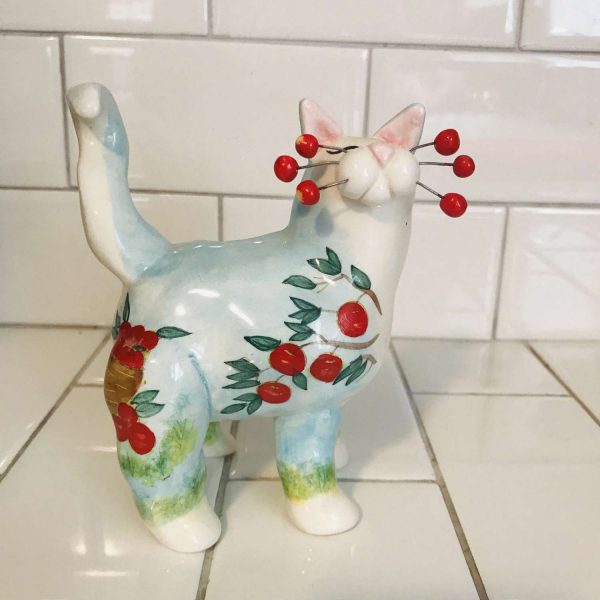 Whimsical Whimsiclay hand made Annaco Creations by Amy Lacombe Signed Apples Sky and Grass Apple whiskers cat lover crazy cat lady