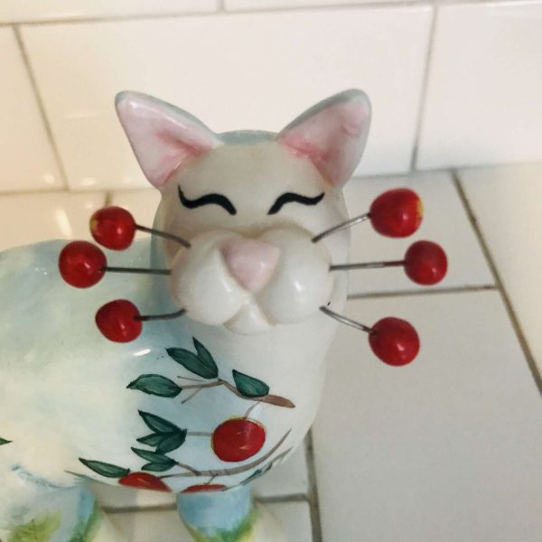 Whimsical Whimsiclay hand made Annaco Creations by Amy Lacombe Signed Apples Sky and Grass Apple whiskers cat lover crazy cat lady