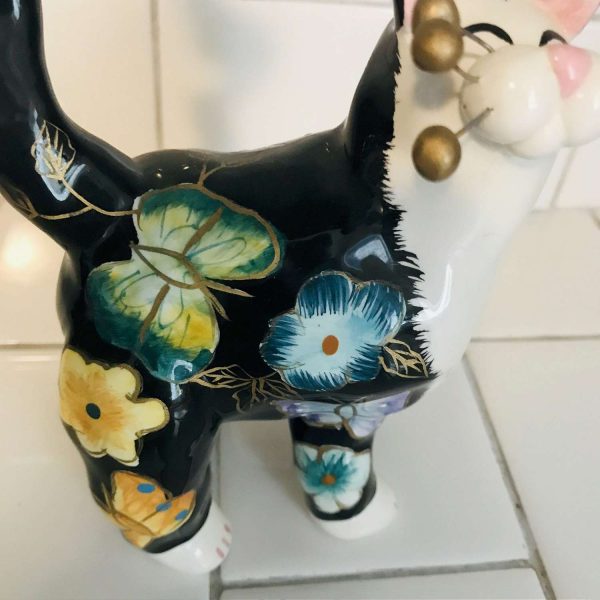 Whimsical Whimsiclay hand made Annaco Creations by Amy Lacombe Signed flowers butterflies heavy gold trim spring butterfly tail cat lover