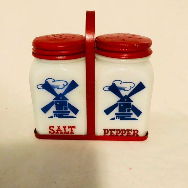 Windmill Salt & Pepper Shakers with Red Tray White Milk Glass Red metal Lids 3 1/4" tall 1940's Glass Farmhouse collectible display retro