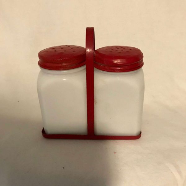 Windmill Salt & Pepper Shakers with Red Tray White Milk Glass Red metal Lids 3 1/4" tall 1940's Glass Farmhouse collectible display retro
