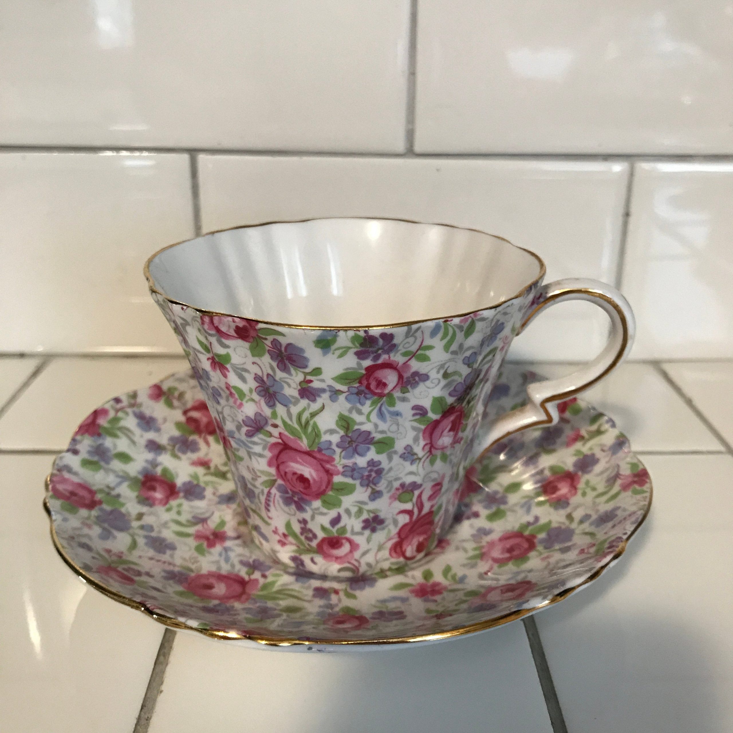 Royal Standard Tea Cup And Saucer England Fine Bone China Chintz Pink Cabbage Rose Farmhouse