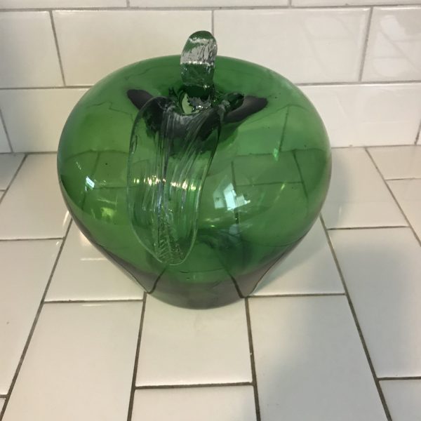 Vintage Large Blown glass Green apple with stem leaf and bubble inside top unique home decor farmhouse display collectible