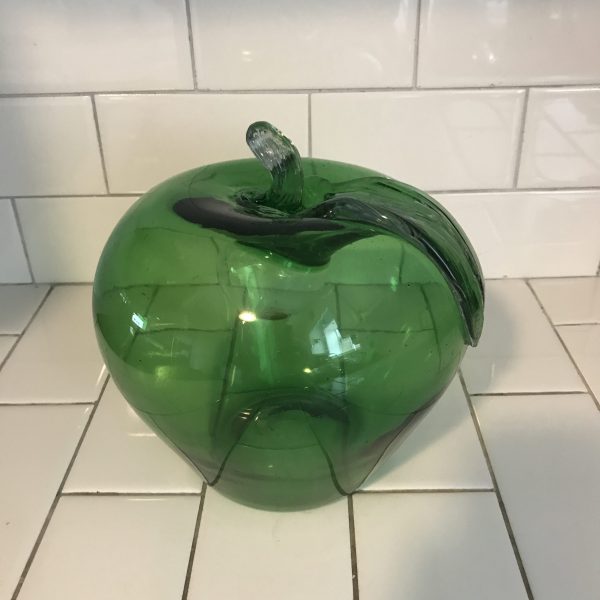 Vintage Large Blown glass Green apple with stem leaf and bubble inside top unique home decor farmhouse display collectible