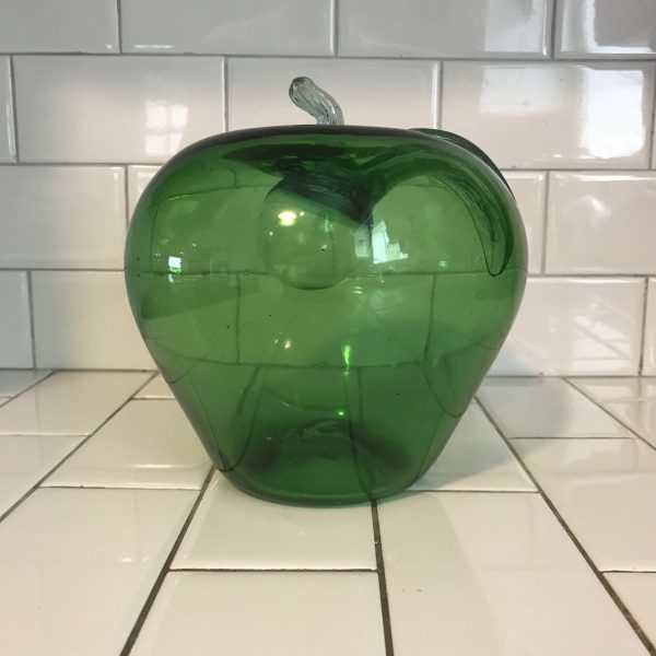 Vintage Large Blown glass Green apple with stem leaf and bubble inside top unique home decor farmhouse display collectible