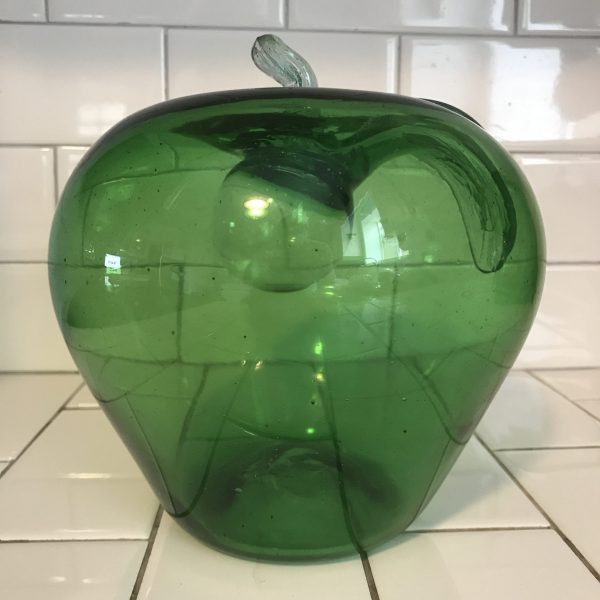 Vintage Large Blown glass Green apple with stem leaf and bubble inside top unique home decor farmhouse display collectible