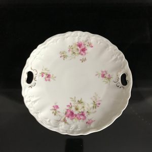 Beautiful pink floral serving plate with a double handle made in German Welmar Farmhouse Collectible  Cottage Wedding Bridal Shower