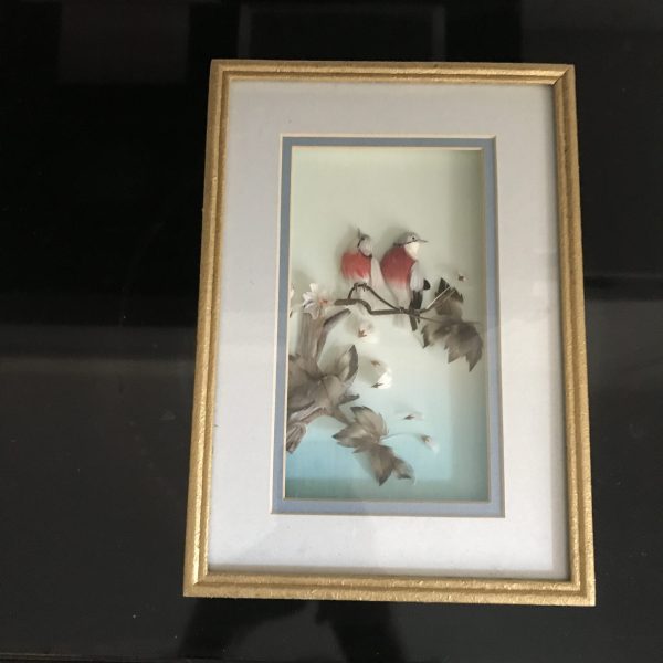 Vintage All Feather Birds on Branches artwork Mid Century gold frame under glass farmhouse collectible bed and breakfast