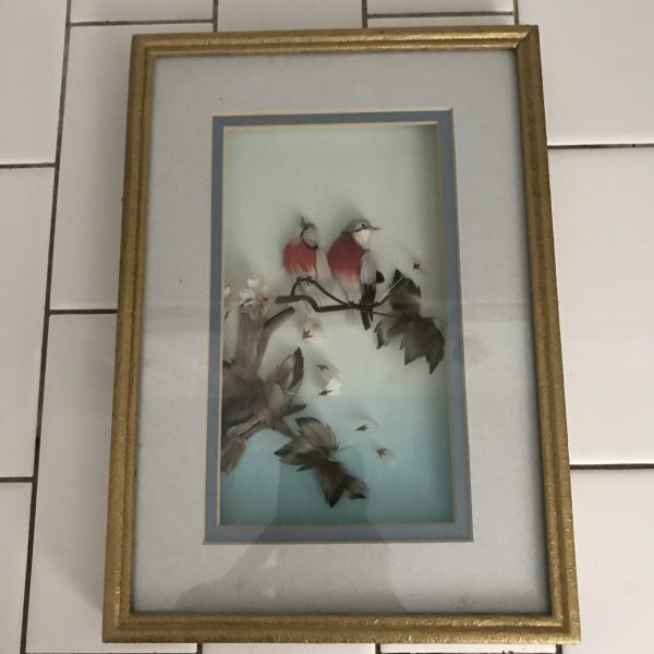 Vintage All Feather Birds on Branches artwork Mid Century gold frame under glass farmhouse collectible bed and breakfast