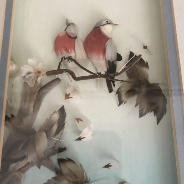 Vintage All Feather Birds on Branches artwork Mid Century gold frame under glass farmhouse collectible bed and breakfast