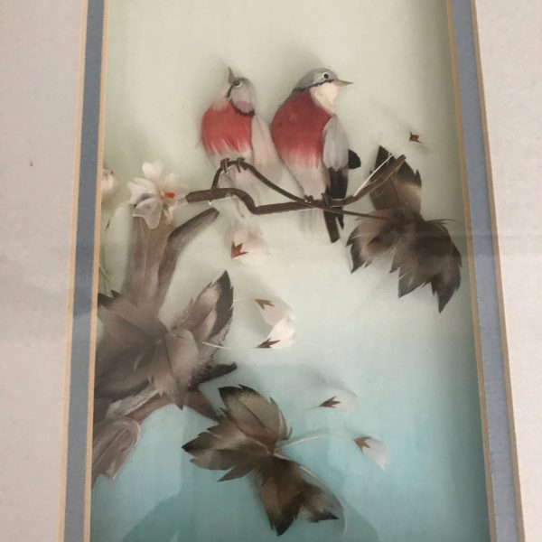 Vintage All Feather Birds on Branches artwork Mid Century gold frame under glass farmhouse collectible bed and breakfast