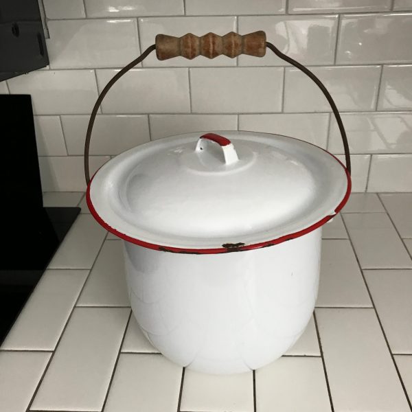 Vintage enameled large slop pot white with red trim collectible farmhouse display kitchen decor camping