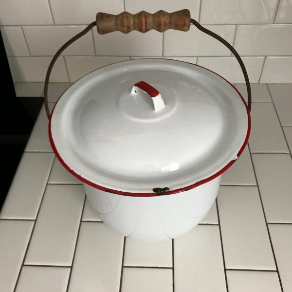 Vintage enameled large slop pot white with red trim collectible farmhouse display kitchen decor camping