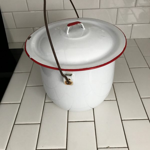 Vintage enameled large slop pot white with red trim collectible farmhouse display kitchen decor camping