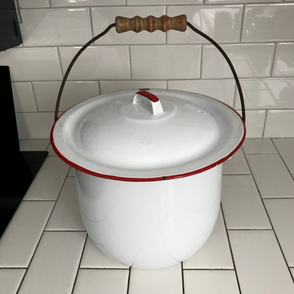 Vintage enameled large slop pot white with red trim collectible farmhouse display kitchen decor camping