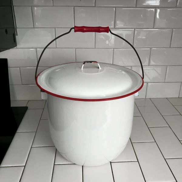 Vintage enameled large slop pot white with red trim collectible farmhouse display kitchen decor camping