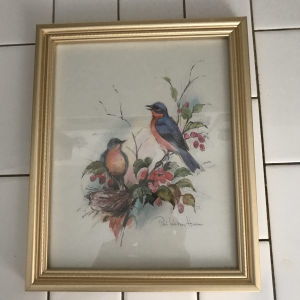 Vintage Paul Whitney Hunter colorful bird artwork gold frame under glass farmhouse collectible bed and breakfast