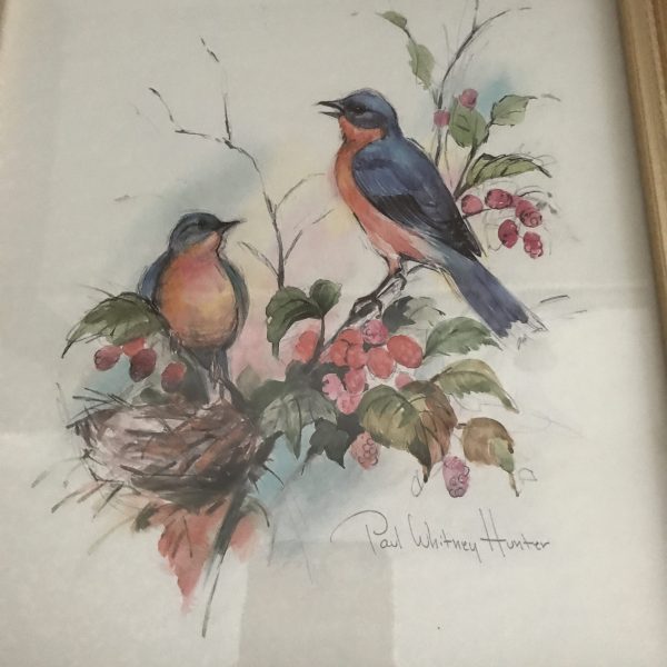 Vintage Paul Whitney Hunter colorful bird artwork gold frame under glass farmhouse collectible bed and breakfast