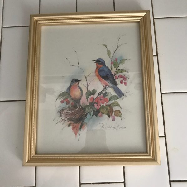 Vintage Paul Whitney Hunter colorful bird artwork gold frame under glass farmhouse collectible bed and breakfast