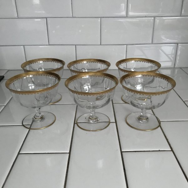 Vintage set of 6 crystal shallow champagne glasses gold ornate trim display collectible special event evening dining