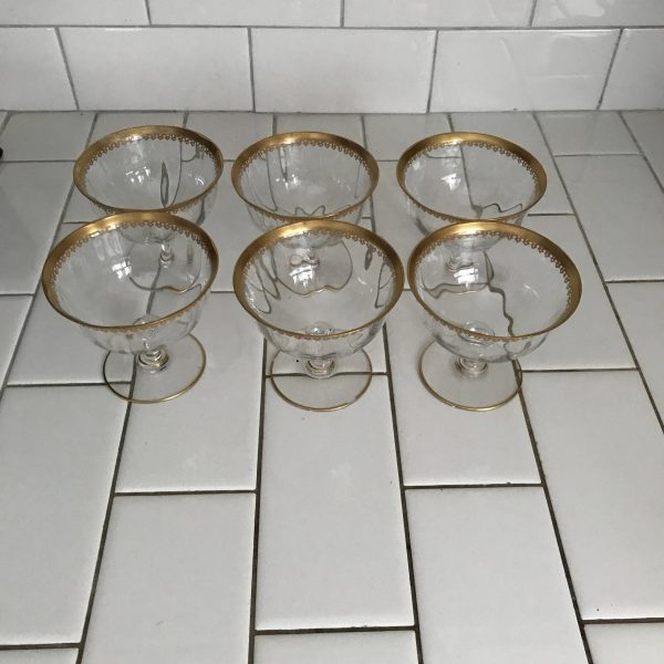 Vintage set of 6 crystal shallow champagne glasses gold ornate trim display collectible special event evening dining