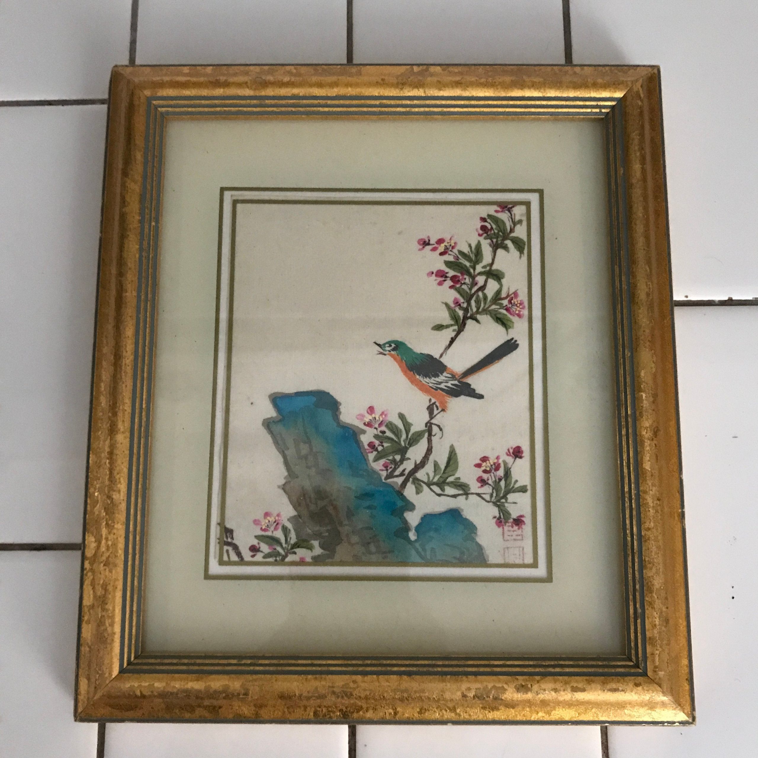 Mid 20th Century Japanese Watercolor Painting on Silk, Framed
