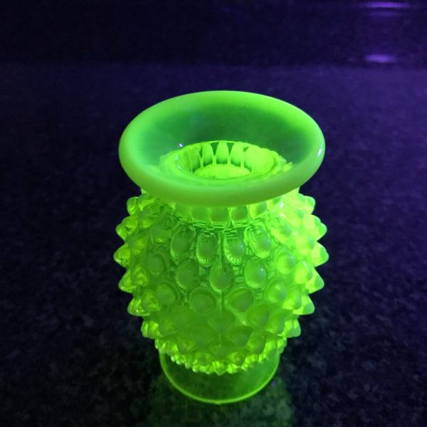 Fenton Hobnail 1930's Uranium yellow green glass miniature vase 3 3/4" tall Opalescent rim collectible display vintage home decor bud vase