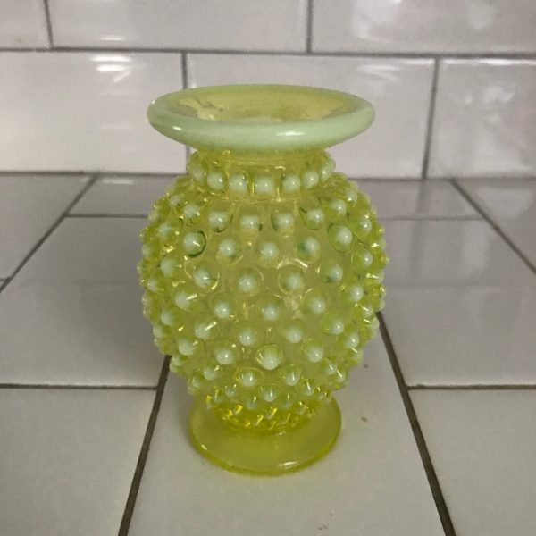 Fenton Hobnail 1930's Uranium yellow green glass miniature vase 3 3/4" tall Opalescent rim collectible display vintage home decor bud vase