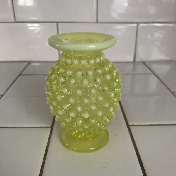 Fenton Hobnail 1930's Uranium yellow green glass miniature vase 3 3/4" tall Opalescent rim collectible display vintage home decor bud vase