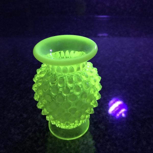 Fenton Hobnail 1930's Uranium yellow green glass miniature vase 3 3/4" tall Opalescent rim collectible display vintage home decor bud vase