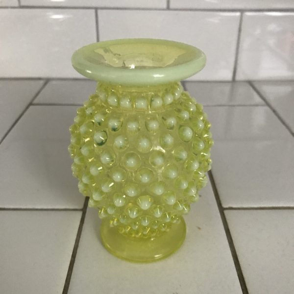 Fenton Hobnail 1930's Uranium yellow green glass miniature vase 3 3/4" tall Opalescent rim collectible display vintage home decor bud vase