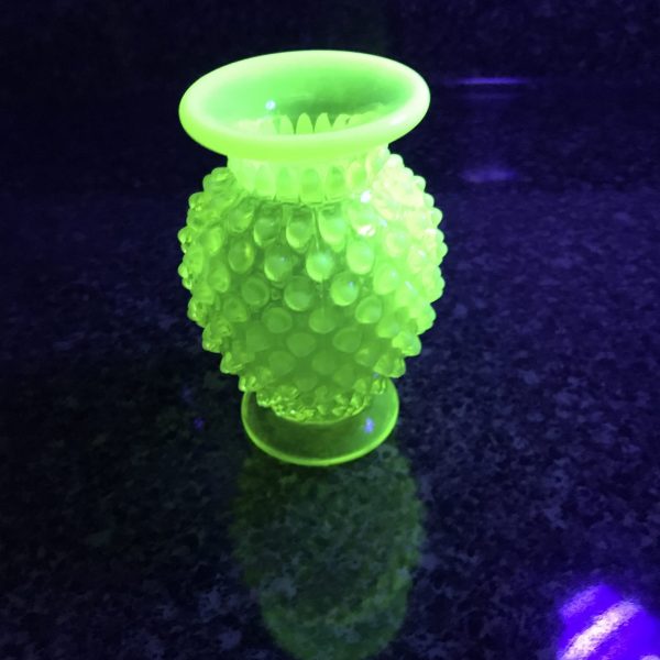 Fenton Hobnail 1930's Uranium yellow green glass miniature vase 3 3/4" tall Opalescent rim collectible display vintage home decor bud vase