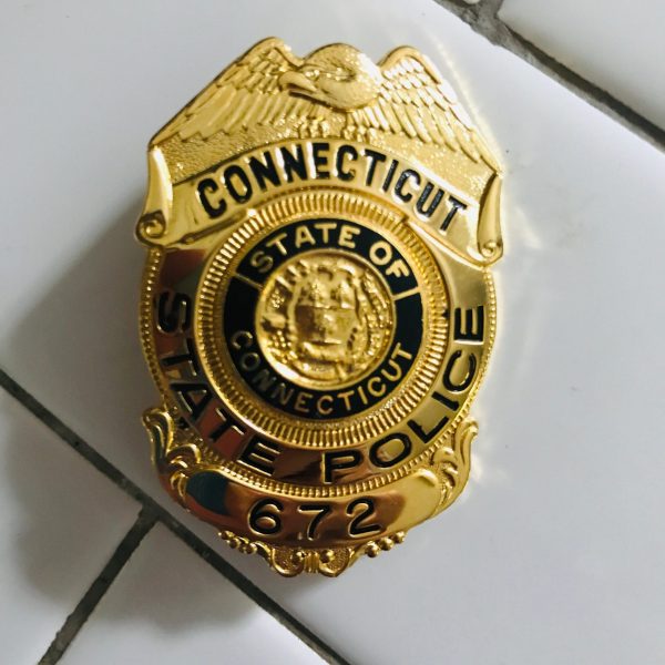 Obsolete Vintage Badge Connecticut State Police Gold with black enamel collectible display memorabilia