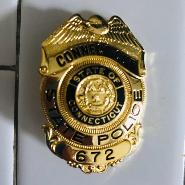 Obsolete Vintage Badge Connecticut State Police Gold with black enamel collectible display memorabilia