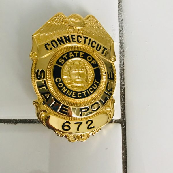 Obsolete Vintage Badge Connecticut State Police Gold with black enamel collectible display memorabilia