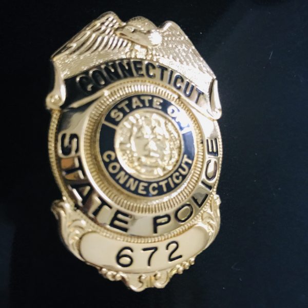 Obsolete Vintage Badge Connecticut State Police Gold with black enamel collectible display memorabilia