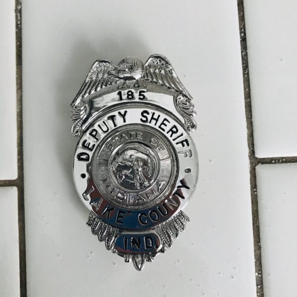 Obsolete Vintage Badge Deputy Sheriff Lake County IND,  Silver with black print enamel 1960's