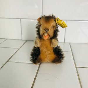 Steiff Beaver Nagy Plush Animal 1960's Mini Mohair 3 1/2" tall with ear button & yellow flag collectible display farmhouse Vintage