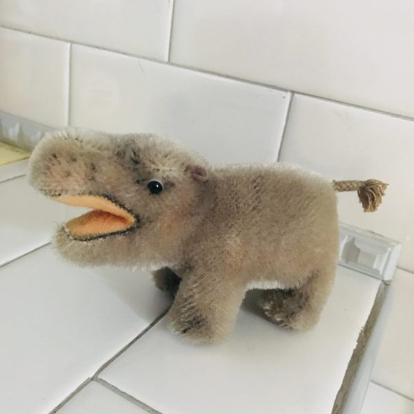 Steiff Hippo Mockie Plush Animal 1960's Mini Mohair 4" tall  collectible display farmhouse child's room