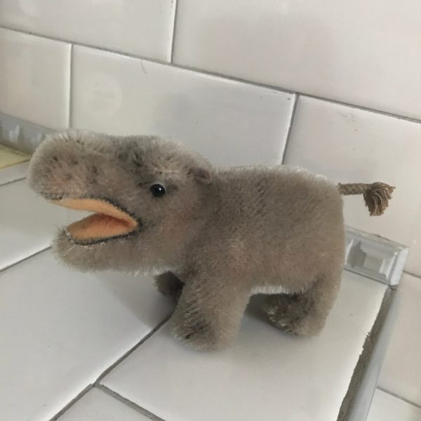 Steiff Hippo Mockie Plush Animal 1960's Mini Mohair 4" tall  collectible display farmhouse child's room