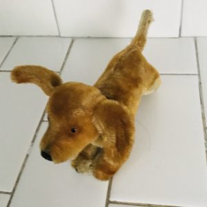 Steiff Puppy dog Dachshund Plush Animal 1960's Mini Mohair 3 1/2" tall with ear button & blue collar collectible display farmhouse