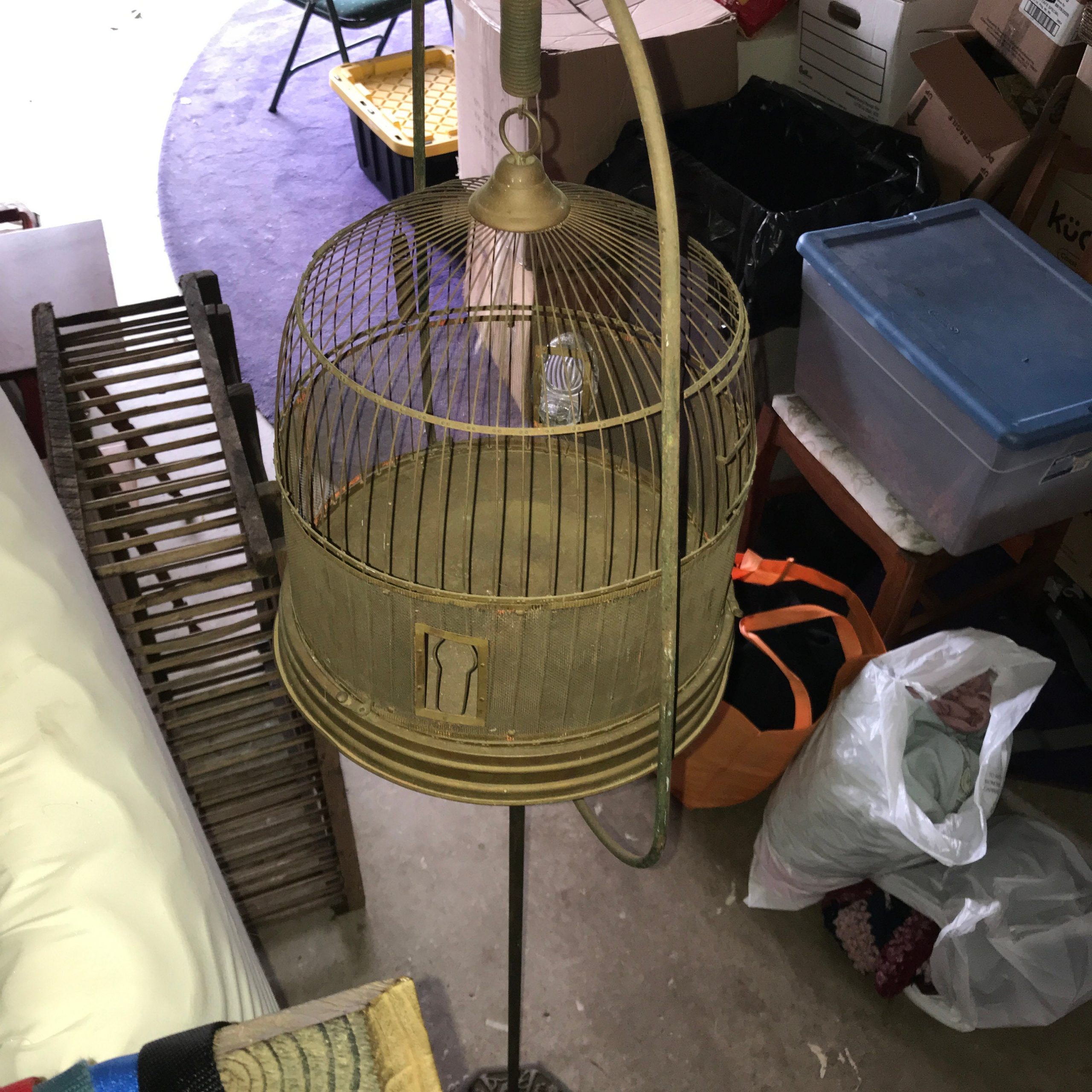 Vintage Bird Cage Hanging Cage Brass with original patina Farmhouse  collectible cottage cast iron stand 1 glass food/water dish home decor –  Carol's True Vintage and Antiques